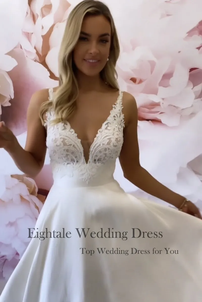 Eightale New Wedding Dresses V-Neck Appliques Lace Customized A-Line Satin Princess Bridal Gown White Ivory hochzeitskleid 5