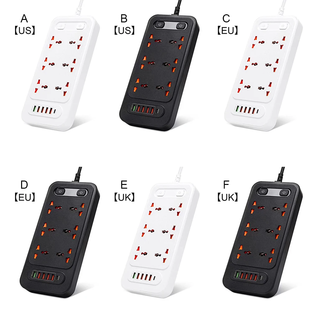 

6-way Power Outlet Strip with USB Ports Fast Charging Flame Retardant Electrical Sockets Accessories EU Plug Black