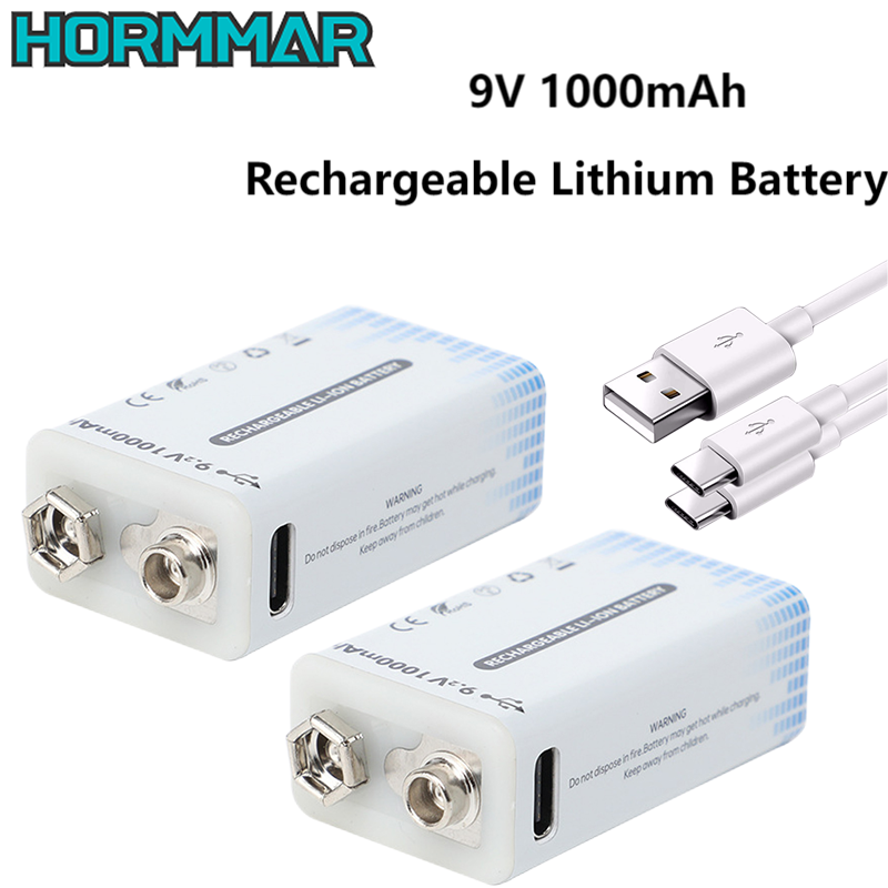 HORMMAR 9V 1000mAh USB Lithium-ion Batteries 9V 6F22  Rechargeable Batteries for Test instruments Metal Detector Electric Guitar