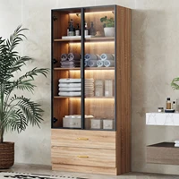 Unité de rangement Anajqaqia, vitrine avec éclairage à bande LED, 75 cm de large, avec 2 grands tiroirs et 2 portes, portes en verre 2