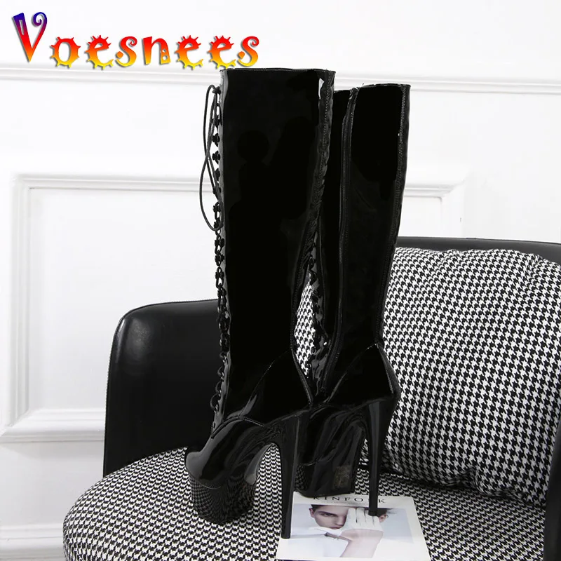 

Black Round Head Long Tube Boots Women 2022 New High Heel Platform Knee-High Boots 15CM Sexy Female Lace Up Zipper Erotic Shoes
