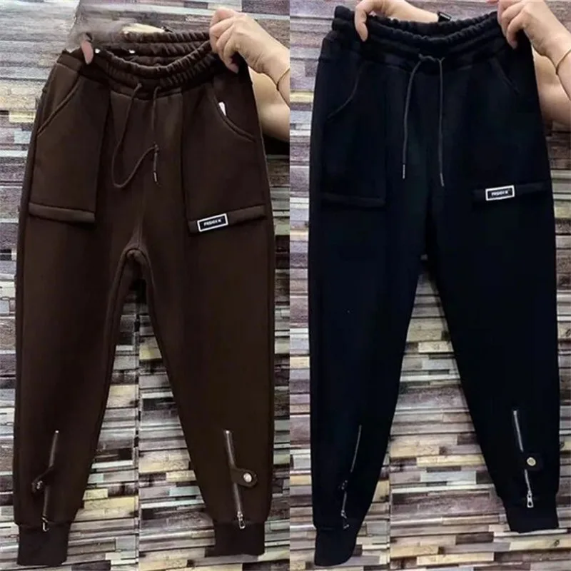 2023 Autumn Winter New High-waisted Corset Foot Sweatpants Women Plus Fleece Thicken Large Size Loose Haren Sports Casual Pants