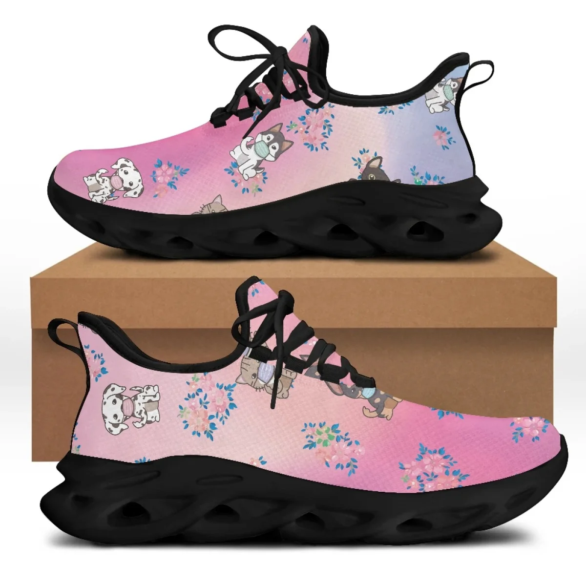 Yikeluo  Cartoon Cat Dog Pattern Print Women Mesh Swing Sneakers Breathable Lace up Platform Shoes Nursing Casaul Sport Shoes