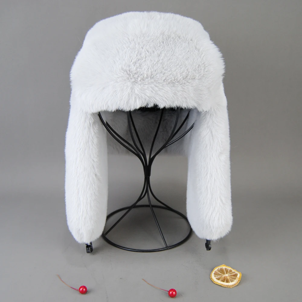 Winter Russian Man Woman White Skin False Rex Rabbit Fur Hats Luxury False Rex Rabbit Fur Cap Unisex Bomber Hat
