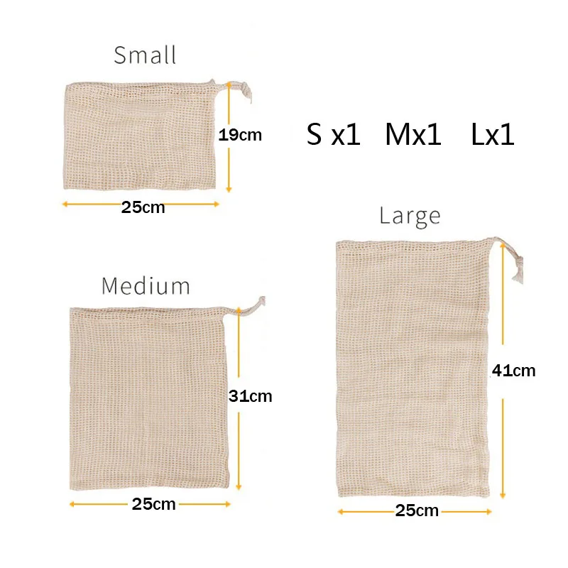 Eco-Friendly Reusable Cotton Mesh Produce Bags - Set of 3