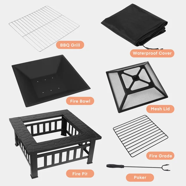 AOOU Steel Fire Pits for Outside, 32'' Square Wood Burning Fire Pit Table, Outdoor Patio BBQ Firepit Bonfire Party 2