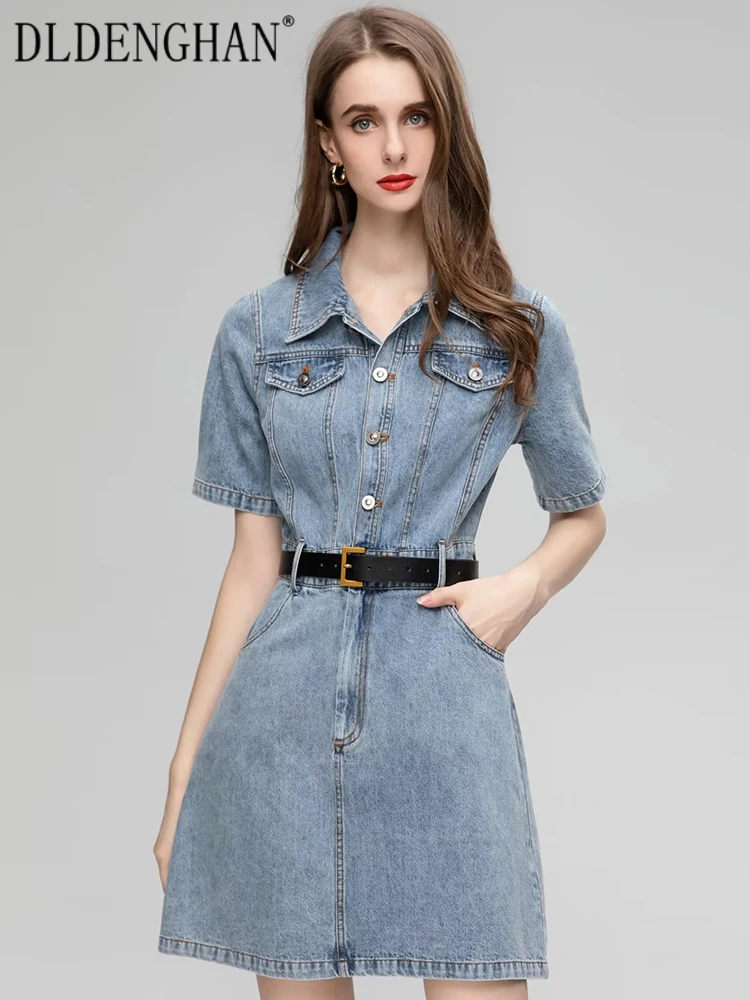 

DLDENGHAN Fashion Early Autumn Cotton Denim Dress Women Turn-down Collar Short Sleeve Belt Pockets Casual Single Breasted Dress