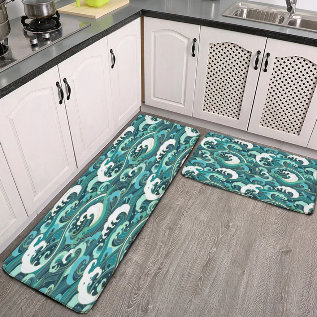 

Two Sets Kitchen Mat Foot mats Japanese Style Waves Long Area Rugs Carpet for Living Room Absorbent Foot Mats Bedroom Doormat