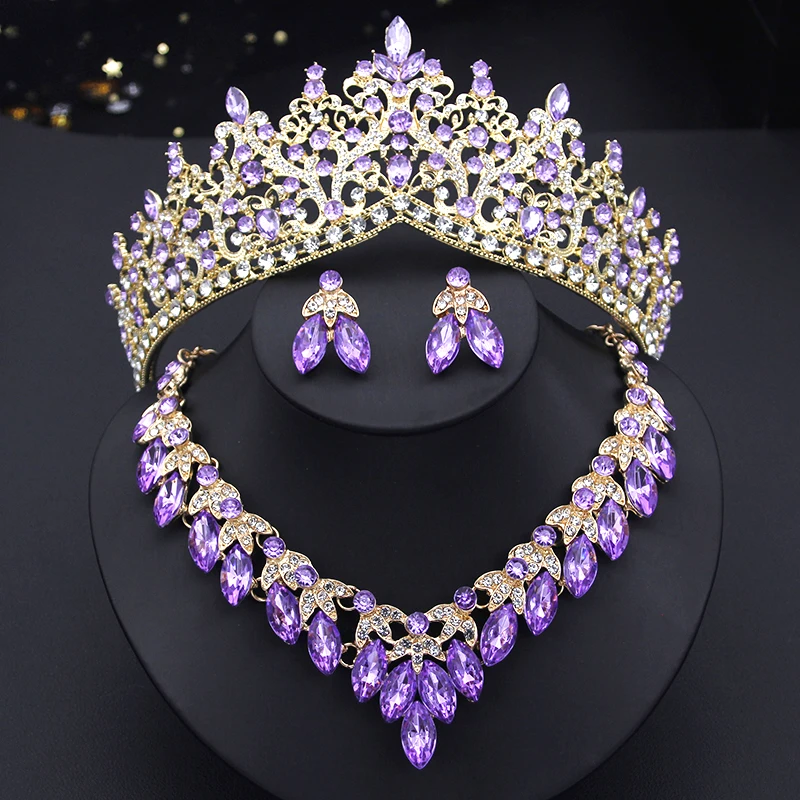 

Luxury Purple Crystal Crown Bridal Jewelry Set Princess Queen Pink Tiaras Bride Wedding Earrings Necklace Set Girls Dubai Sets