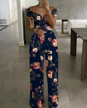  Summer Women Clothing Fashion V Neck Short Sleeve Plus Size Vacation Plants Print Wide Leg Jumpsuit Beach Wear One Piece 