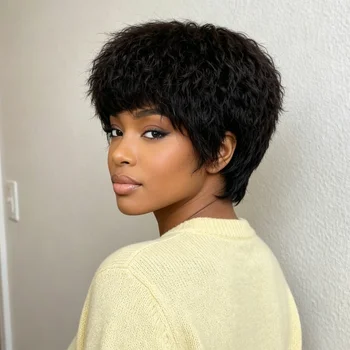 Parrucca Corta Pixie Cut in Capelli Umani, Liscia o Ricci Jerry, Realizzata a Macchina
