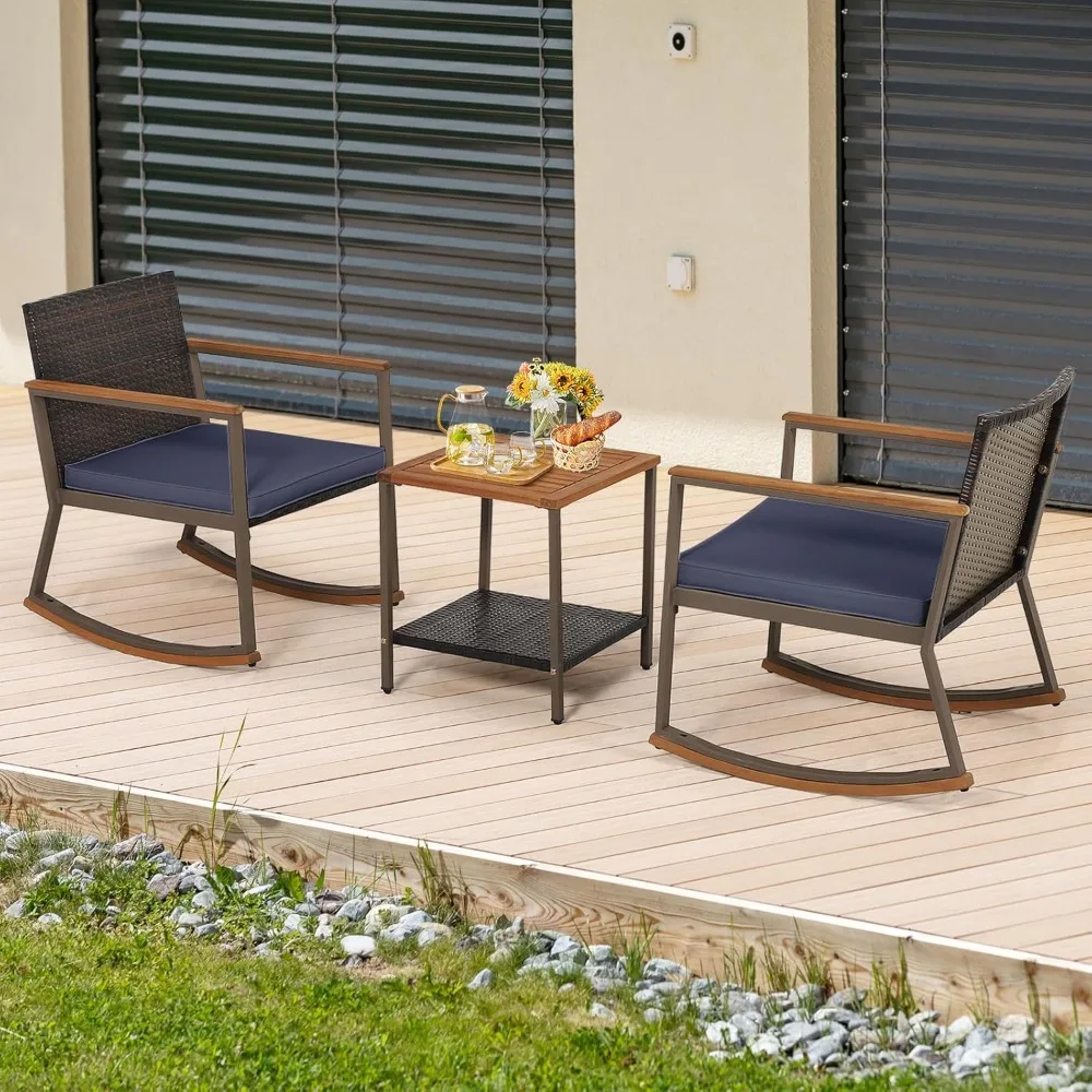 3 Pieces Rocking Bistro Set,Outdoor Rocker Chair with Coffee Table&Cushions,Patio Rattan Furniture Conversation Set for Balcony 4