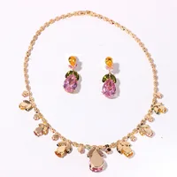 Luxury Waterdrop Pendant Jewelry Set Earring Pink Necklace For Women Bridal Wedding Exquisite Fashion Zircon Party Banquet Gift 4