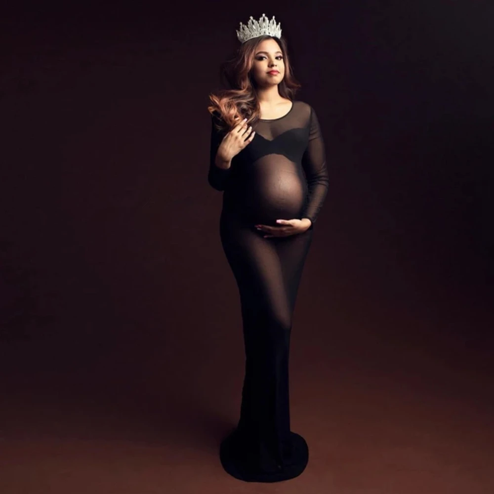 

Woman See Through Stretchy Mesh Maternity Photography Dresses Full Sleeve Boat Neck Pregnancy Photoshoot Long Dress For Pregnant