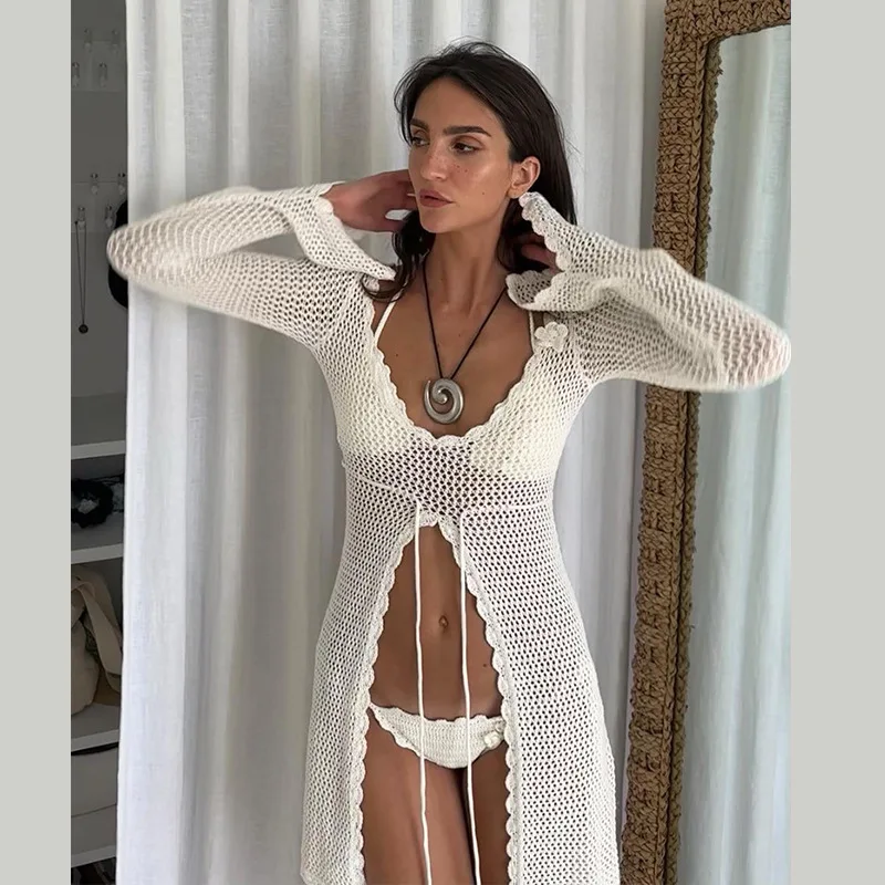 

2024 Bikini Cover-ups Women Long Sleeve Hollow Out Holiday Beach Mini Dress Knitting Summer