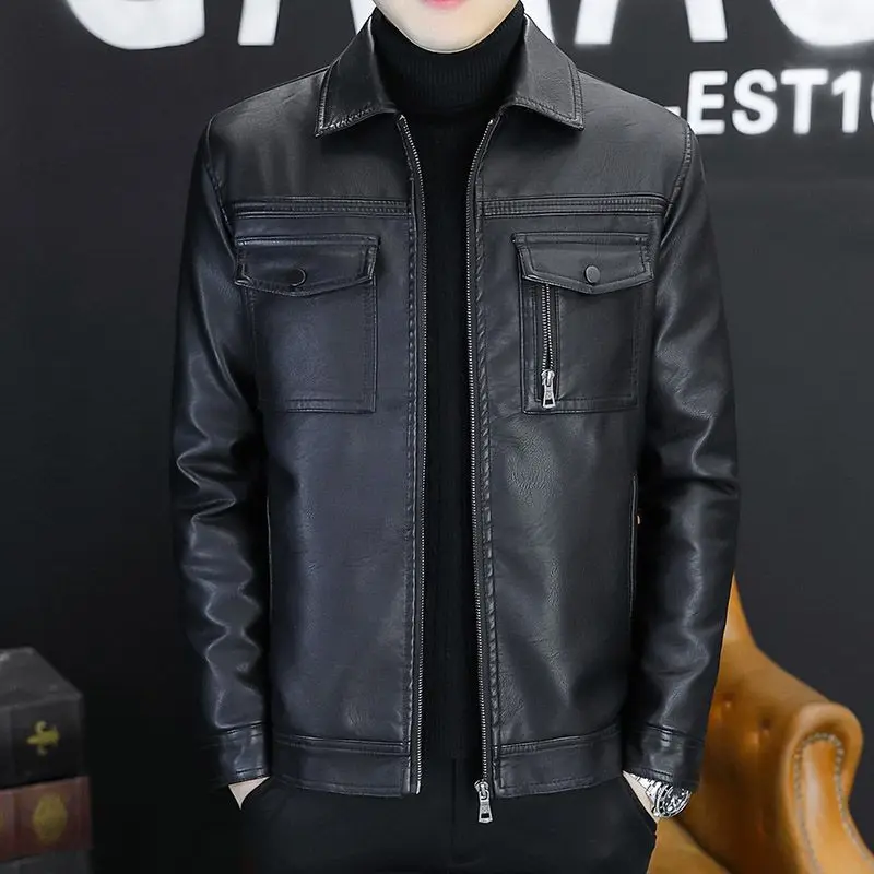 Male Fashion Slim-Fit Leather Coat Winter Men Fleece-Lined Leather Jacket Casual Large Size 6xl Lapel Solid Color Zipper Outwear
