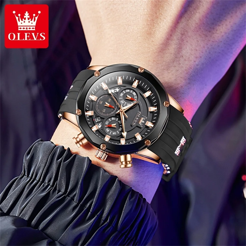 OLEVS 9991 Watch For Men 45mm Big Dial Chronograph Quartz Man Wristwatch Waterproof Luminous Silicone Strap Fashion Men's Watch