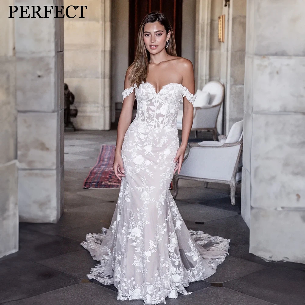 

PERFECT Exquisite Wedding Dresses For Woman Mermaid Sweetheart Off The Shoulder Appliques Chapel Train Vestidos De Novia