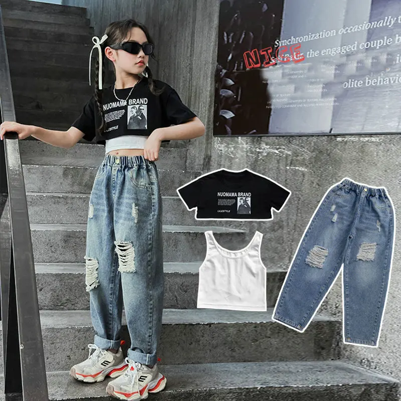 

Girls street jazz dance hip-hop clothes set performance costume short tops+vest+hole jeans two-piece kids suit chlidres outfits