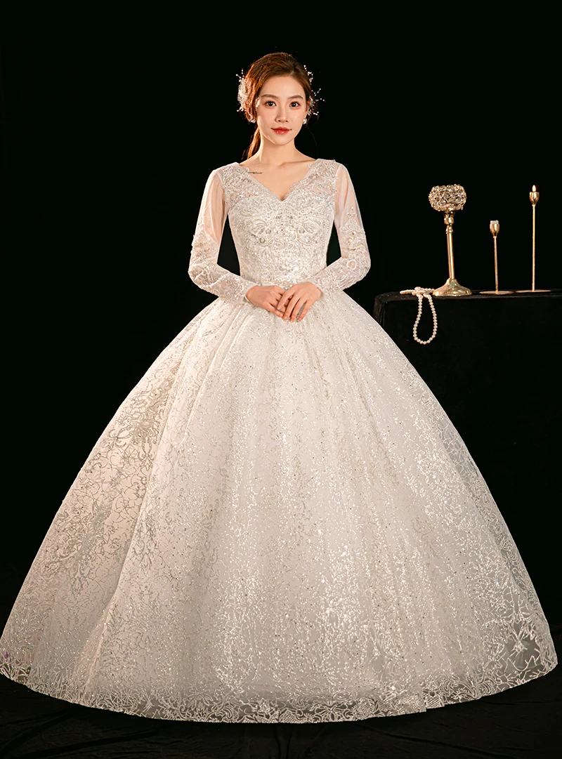 

Luruxy V-neck Bead Wedding Dresses Elegant Long Sleeve Sequin Ball Gown Vestido De Noiva Formal Princess Bride Wedding Dress