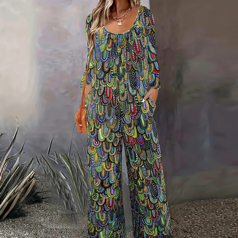 

Elegant O-neck Pocket Straight Jumpsuit Women Fashion Pattern Print Loose Long Romper 2024 Casaual Long Sleeve Playsuits Overall