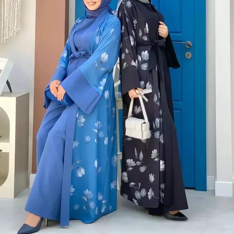 

2 Piece Set Kimono Abaya Matching Jumpsuit Muslim Turkey Eid Open Abayas for Women Dubai Hijab Dress Kaftan abaya dress