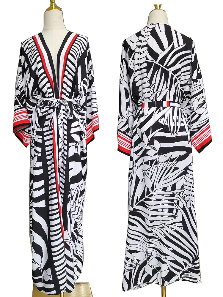 Cover-ups Rayon Beach Kimono Print Robel Plage Tunic For Beach Belt Big Kaftan Pareos De Playa Mujer Long Dress Beachwear