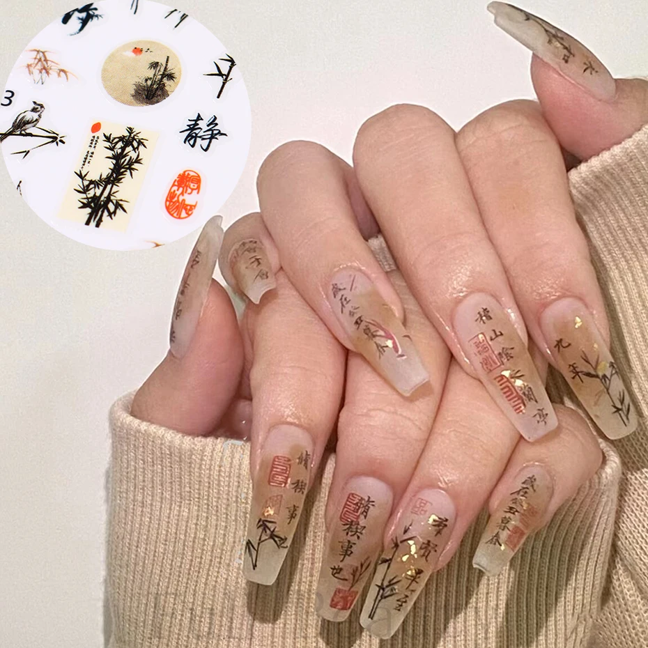 한자 네일 스티커, 추상 미술 단어, 3D 디자인 슬라이더, 페인팅 잉크 꽃, 대나무 데칼 호일 매니큐어 액세서리