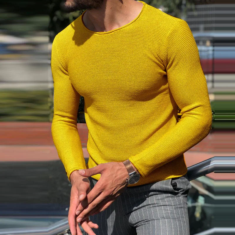 

Trend Pure Color Knitted Tops Mens Slim Elastic Long Sleeve O Neck Knit Pullover Jumper Fall Men Casual Knit Sweater Basic Tee