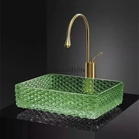 อ่างล้างหน้าแบบวางบนเคาน์เตอร์ ดีไซน์โปร่งใสลายนูน สำหรับห้องน้ำ อ่างแก้วดีไซน์สร้างสรรค์ สไตล์นอร์ดิก รูปทรงสี่เหลี่ยมผืนผ้า 3