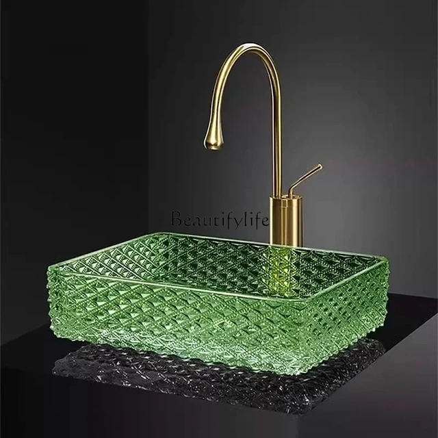 อ่างล้างหน้าแบบวางบนเคาน์เตอร์ ดีไซน์โปร่งใสลายนูน สำหรับห้องน้ำ อ่างแก้วดีไซน์สร้างสรรค์ สไตล์นอร์ดิก รูปทรงสี่เหลี่ยมผืนผ้า 3