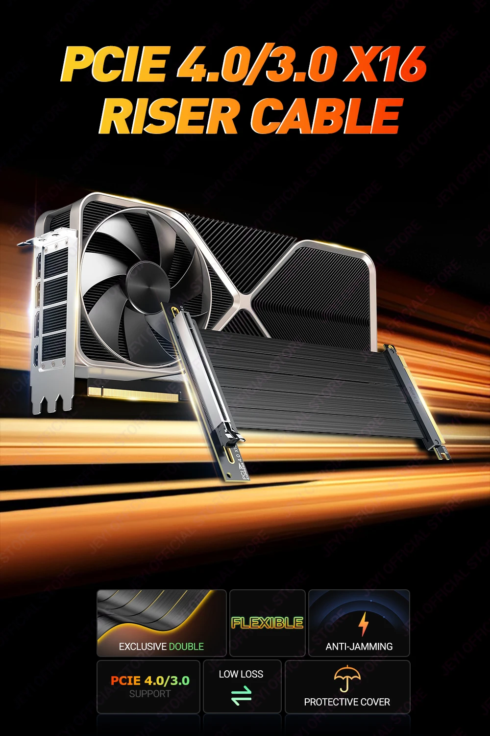 JEYI PCIe 4.0 Riser-Kabel 90 Grad, PCIe 3.0/4.0 X16 Verlängerungskabel, EMI-geschirmte GPU-Verlängerung für RTX 4090/4080/4070/7900XTX – Detail 2
