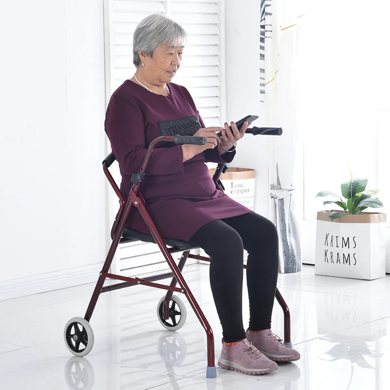 Supportive Walkers Carbon Steel Elderly Rehabilitation Aid with Wheeled Armrest Mobility Support Walker Walking Stick with Seat