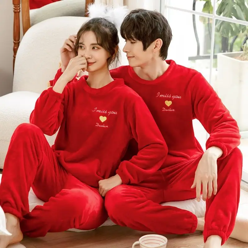 2024 new Autumn Winter sleepwear Couples' Flannel Long sleeved Pajamas Men Women Thickened Warm Coral Fleece Homewear set
