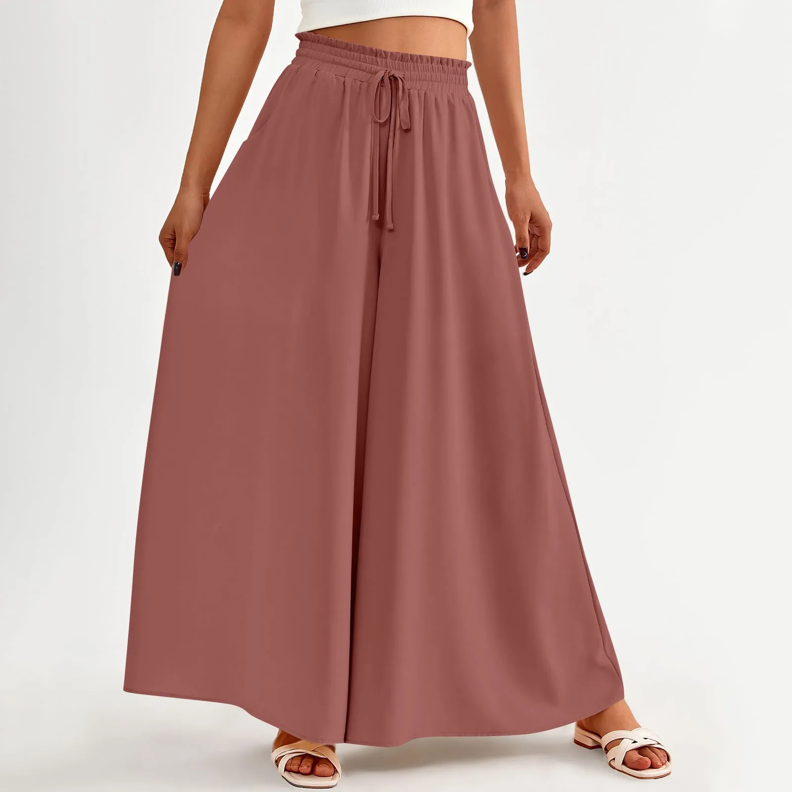 

Summer Casual Flowy Palazzo Pants Solid Beach Trousers Women High Waisted Wide Leg Pants Pocket Ladies Oversize Harem Pants 2024