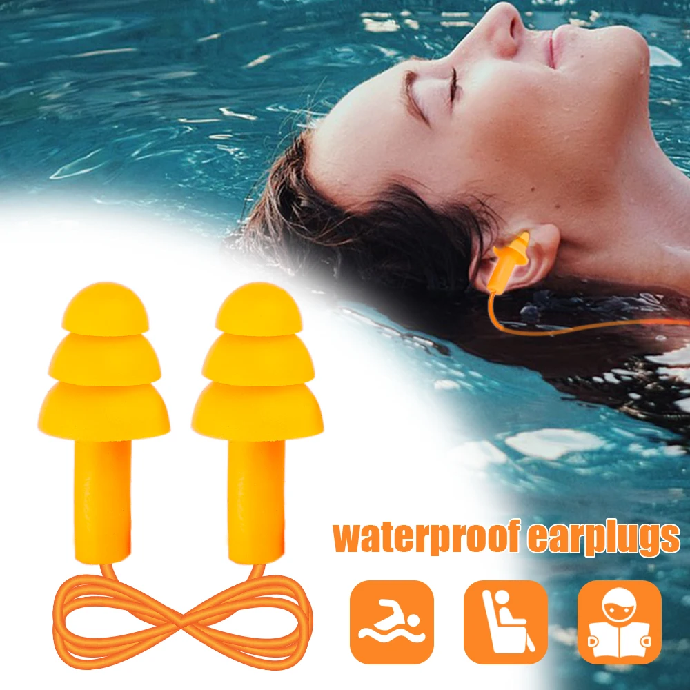 1Pair Swimming Earplugs Waterproof Silicone Soft Ear Plugs with Rope Comfort Noise Reduction Earplugs Protective for Swimming