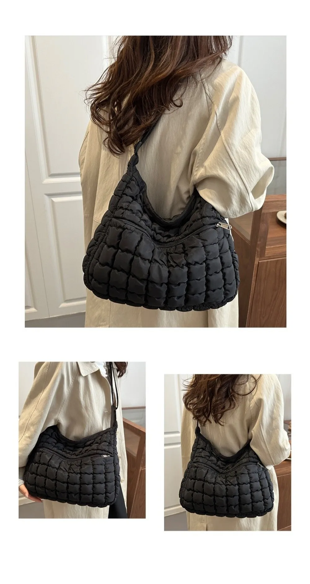 Gesteppte Puffer-Schultertasche mit Verstellbarem Riemen Einfarbige Gepolsterte Crossbody-Tasche aus Nylon mit Großer Kapazität Unterarmtasche für Damen – Detail 2