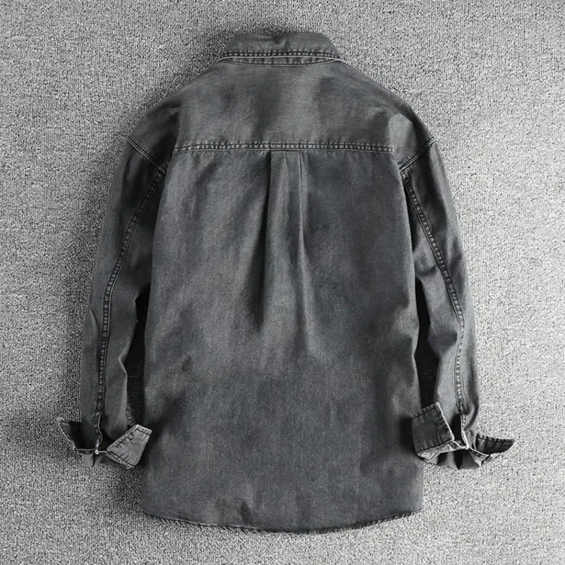 Heavy washing to do old vintage denim shirt men's double pocket design trend Europe and the United States casual shirt coat denim shirt long sleeved shirt