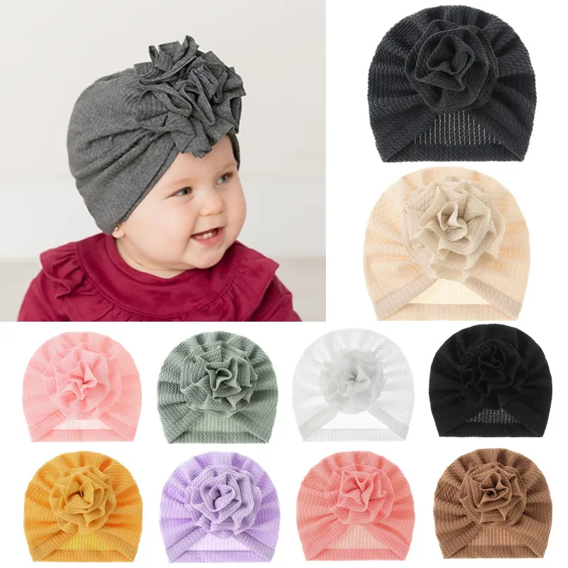 Knitted Solid Color Baby Turban Hat Sweet Floral Toddler Kids Beanie Cap Newborns Photography Props Bonnet Hair Accessories