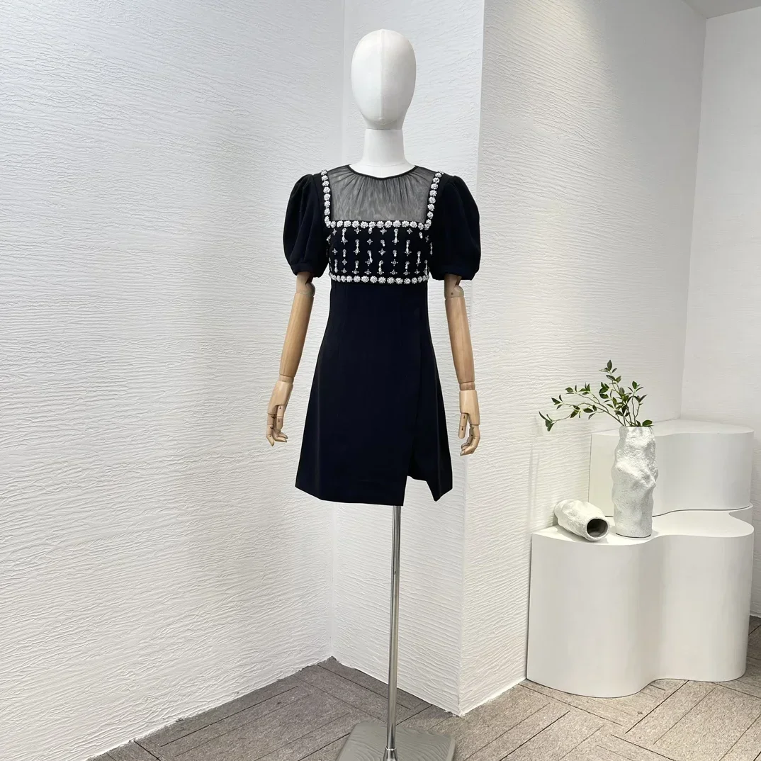 

Black Short Sleeve Floral Sequined Mini Dress 2024 New Top Quality Women Vintage Clothes