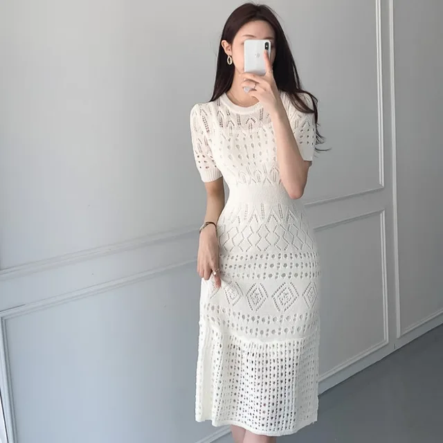 Casual Chic Korean Temperament Slim Sexy Hollow Out Dresses O Neck Short Sleeve Wrap Hip Knitted Dress White Lady Summer 2022