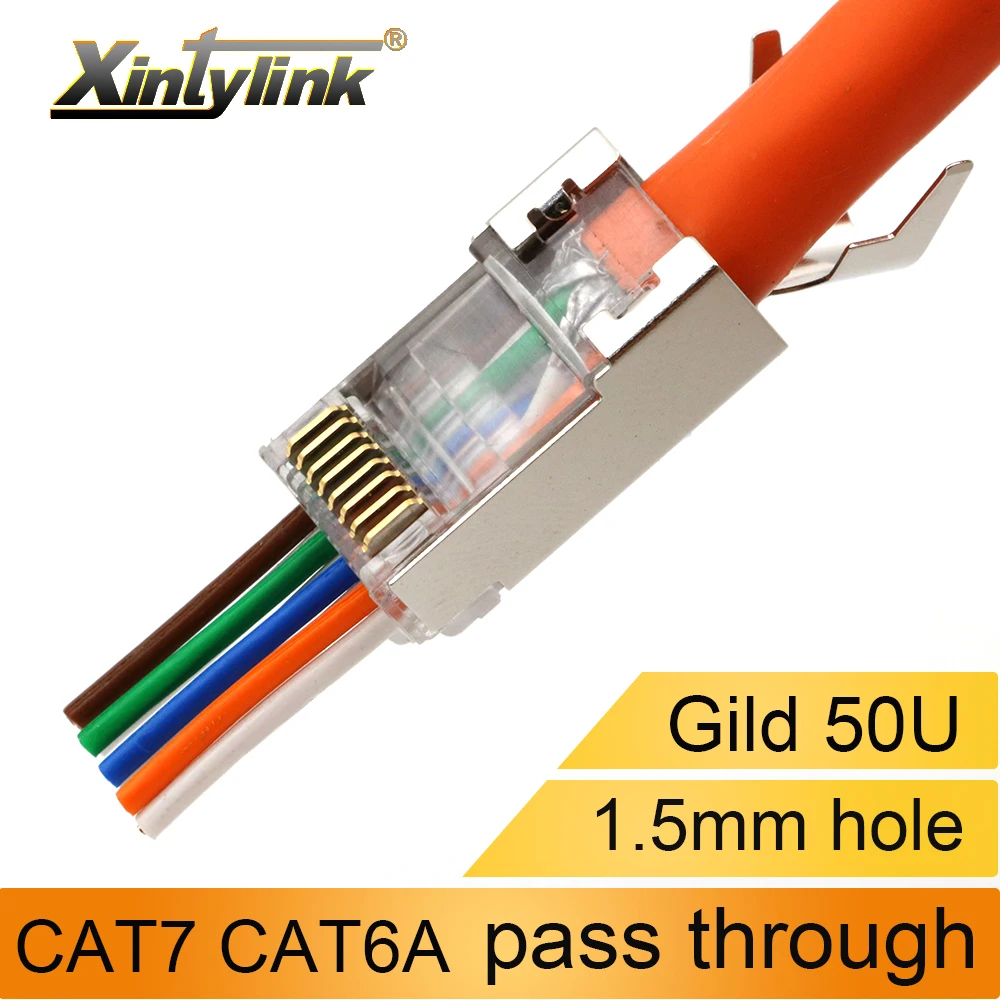 Xintylink-ethernet Cabo Plug Network Conector Rj45 Cat7 50u Sftp Ftp Blindado Lan Jack Passagem Através de 1.5 mm Buraco Cat6a 10g