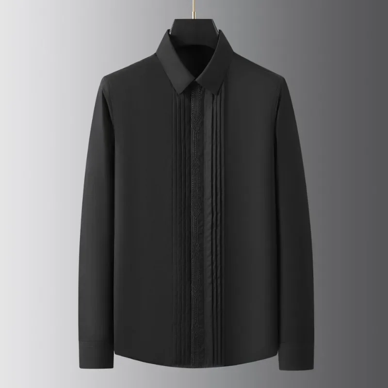 Minglu Cotton Men's Shirts High Quality Embroidery Covered Button Long Sleeve Solid Color Casual Party Male Dress Shirts 4XL