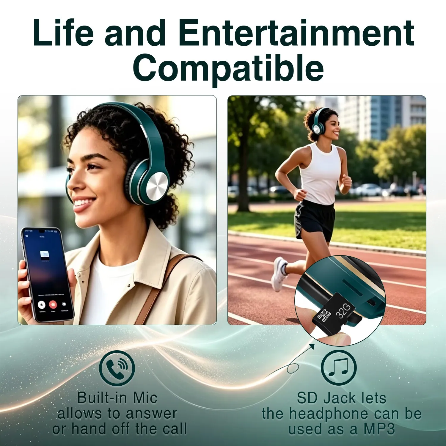Cuffie Bluetooth senza fili con cancellazione del rumore, auricolari pieghevoli per lo sport, cuffie da gioco con microfono e audio stereo HI-FI - immagine 5
