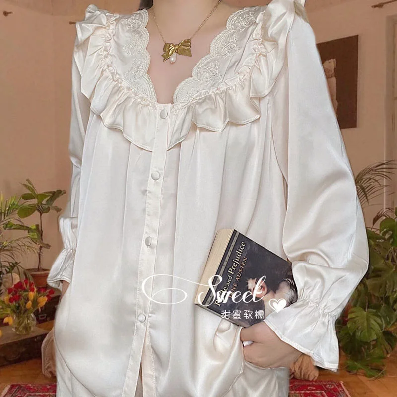 Nightgown Women Lace Satin Sleepshirt Home Dressing Gown Night Dress Elegant Retro Vintage Autumn Nightwear Nightdress Plus Size