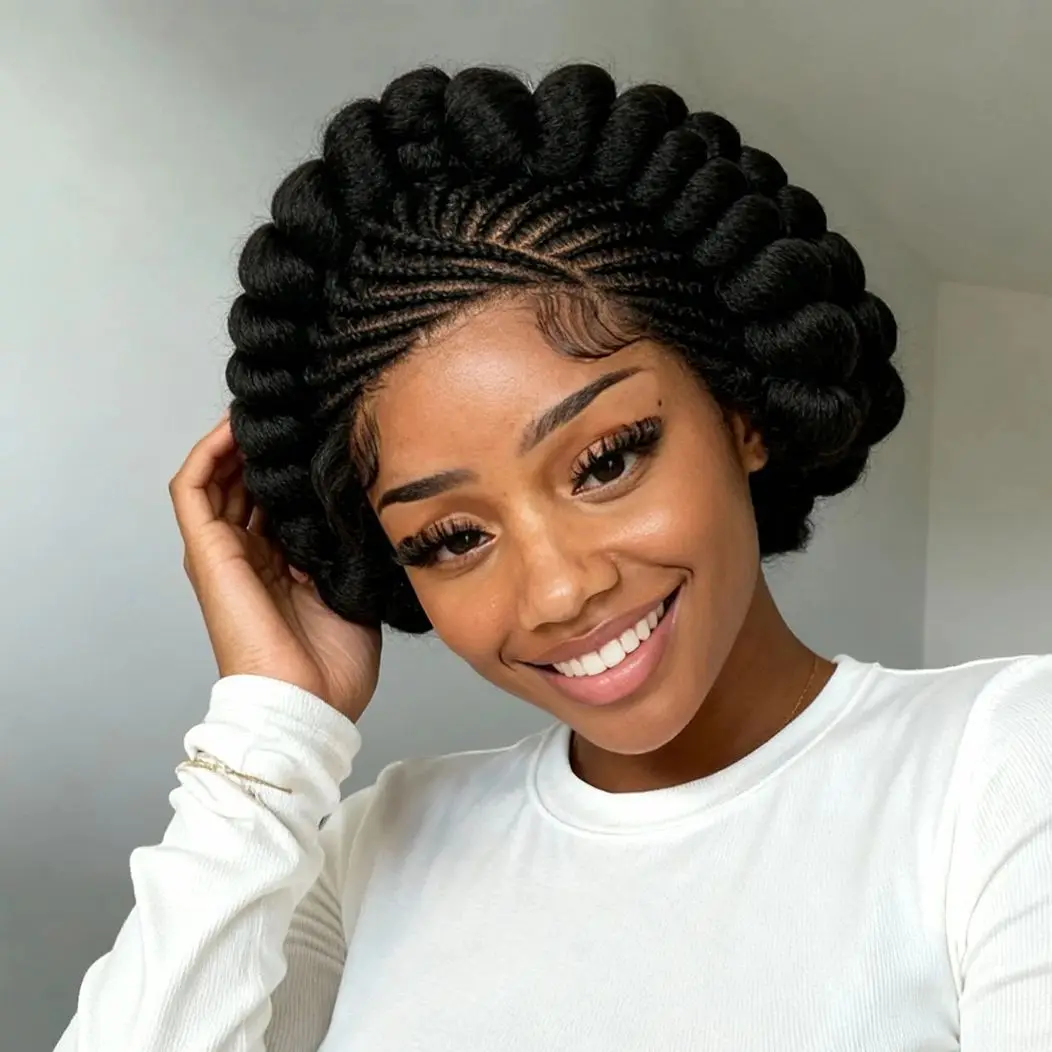 Synthetic Cornrow Braids Turban Wig Pre-Plucked Full Lace Braided Bantu Wig with Baby Hair 8Inch Natural Black for Black Women 2