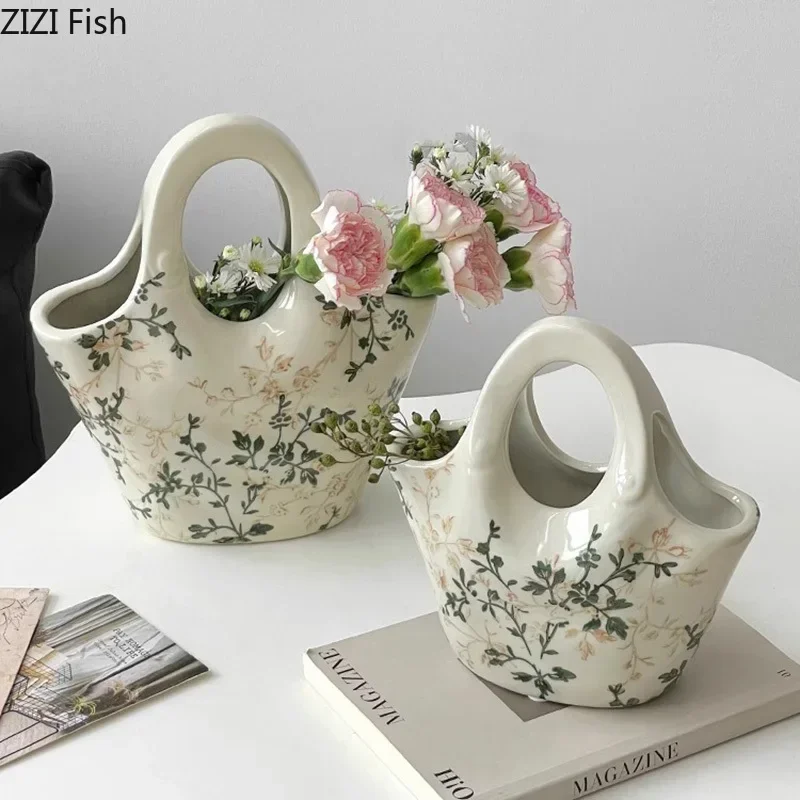 Flower Texture Ceramic Vase Handbag Shaped Flower Pots Desk Decoration Flower Arrangement Floral Vases Room Aesthetic Decor 4