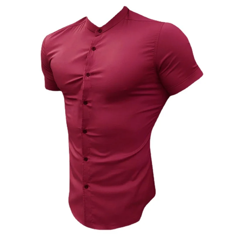 New Fashion Summer Casual Short Sleeve Shirt Men Stand Collar Super Slim Fit Business Dress Shirt Mens Button Gym Fitness Tops casual short sleeved shirt short sleeved shirt button down shirt