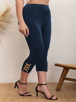 Elegant plus Size Capri Pants Chic Metal Chain Detail High-Elasticity Casual Solid Mid-Calf Trousers for Women - Image 2