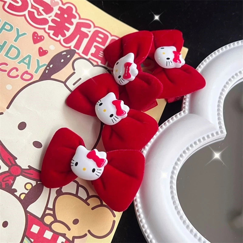 

Sanrio Hello Kitty Hairpin Cartoon Anime Cute Girls Red Bow Fashion Charm KT Cat Hairpin Ornaments Holiday Gifts Girl&Child